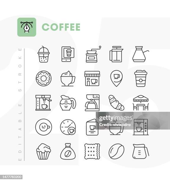coffee line icon set. editable stroke. pixel perfect. - drinking espresso stock illustrations