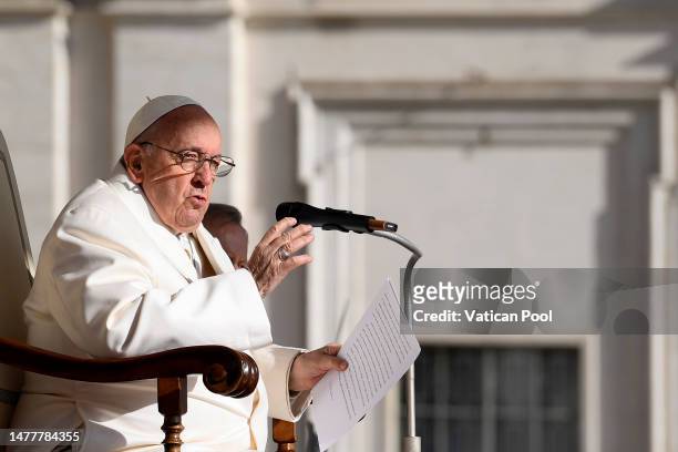Pope Francis holds his speech during the weekly general audience at St. Peter's Square on March 29, 2023 in Vatican City, Vatican. During his...
