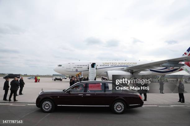 King Charles III and Camilla - Queen Consort arrive at BER Berlin Brandenburg Airport to start their first state visit to Germany on March 29, 2023...