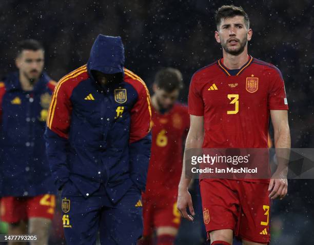 David Garcia of Spain is seen at full time during the UEFA EURO 2024 qualifying round group A match between Scotland and Spain at Hampden Park on...