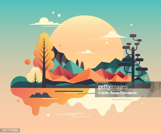 beautiful pastel colored abstract landscape geometric vector illustration - 2d animated tree stock illustrations