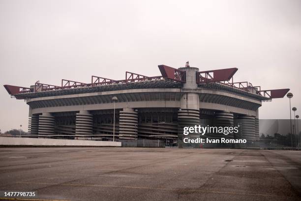 The external general view of the Giuseppe Meazza stadium on March 14, 2023 in Milan, Italy.