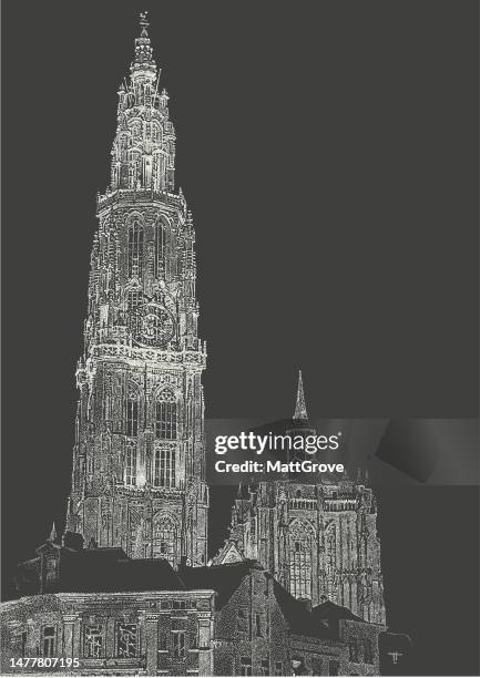 antwerp cathedral at night - belgium skyline stock illustrations