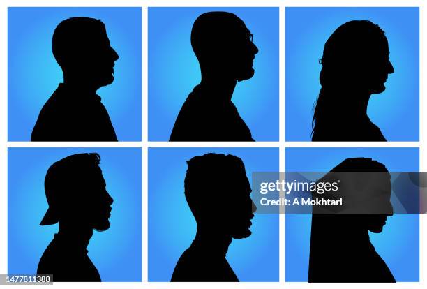 silhouette portrait in profile on a blue background. - arab woman silhouette stock illustrations