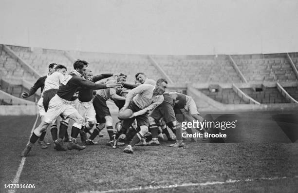 The RAF break away with the ball from a scrum during an Inter-Services Championship rugby match between the British Army and the RAF at Wembley...
