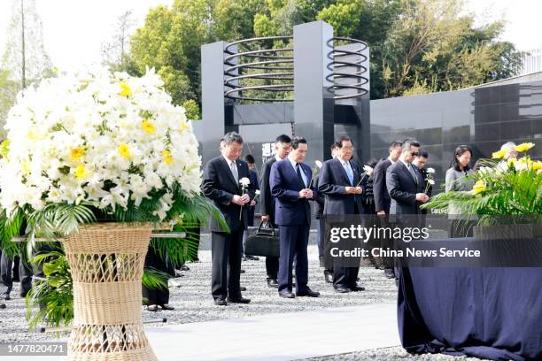 Former Taiwan leader Ma Ying-jeou visits the Memorial Hall of the Victims of the Nanjing Massacre by Japanese Invaders on March 29, 2023 in Nanjing,...