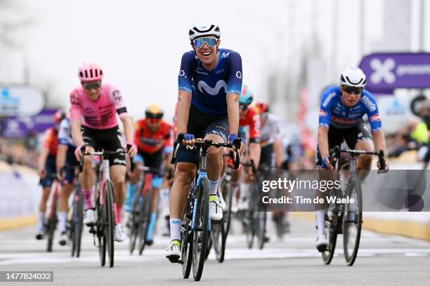 Oier Lazkano Lopez of Spain and Movistar Team celebrates at finish line as second place during the 77th Dwars Door Vlaanderen 2023 - Men's Elite a...