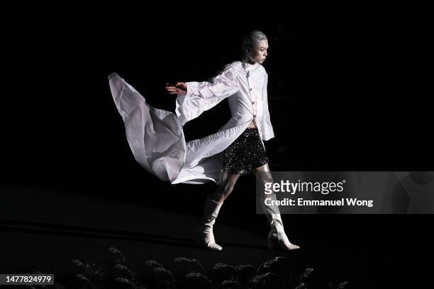 Model walks on the runway at the Thee.Them collection show by designer Ye Yang during the day six of China Fashion Week AW23 at 751 D.Park on March...