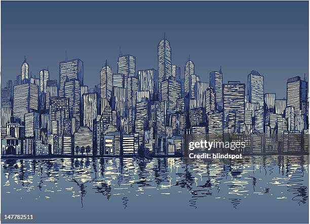 blue sketch of city skyline by water at night - japan skyline stock illustrations