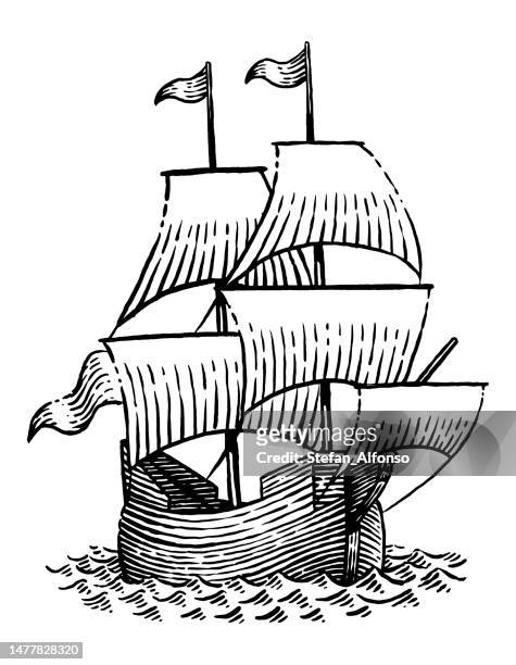 ilustraciones, imágenes clip art, dibujos animados e iconos de stock de dibujo vectorial de un viejo velero - tall ship