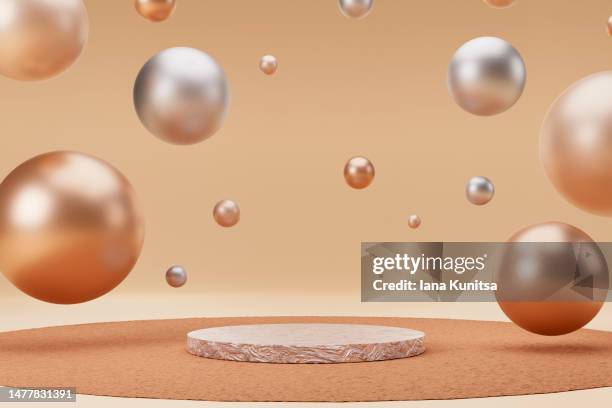 beige podium and gold, silver 3d spheres. platform for showing products. trendy pastel colors. - pearl jewellery stock pictures, royalty-free photos & images