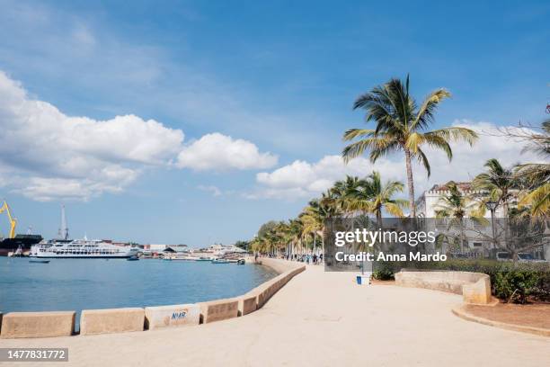 wide shot of the promenade of stone town - stone town zanzibar town stock pictures, royalty-free photos & images