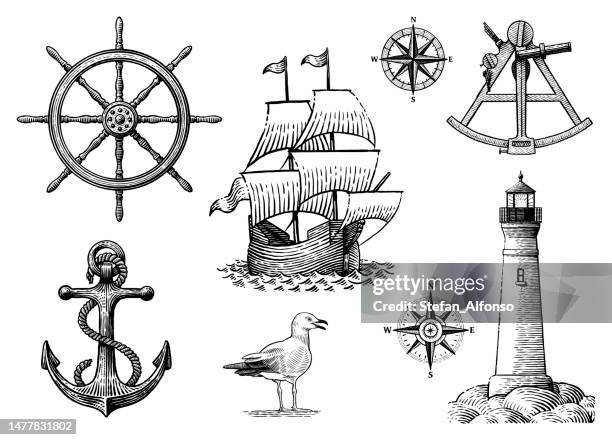 satz von vektorzeichnungen im zusammenhang mit dem segeln - schiffe stock-grafiken, -clipart, -cartoons und -symbole