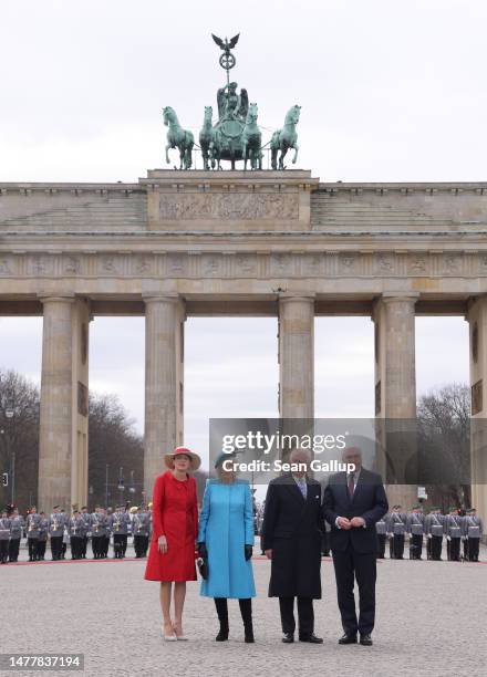 German First Lady Elke Buedenbender, Camilla, Queen Consort, King Charles III and German President Frank-Walter Steinmeier arrive for a ceremonial...