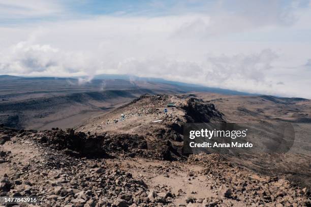 base camp at mount kilimanjaro from above - tranquility base stock pictures, royalty-free photos & images