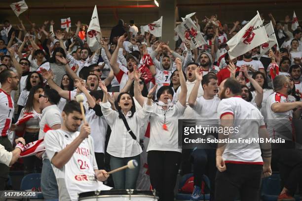 Fans of Georgia during the match between Georgia and Norway at Batumi Stadiumon March 28, 2023 in Batumi, Georgia.