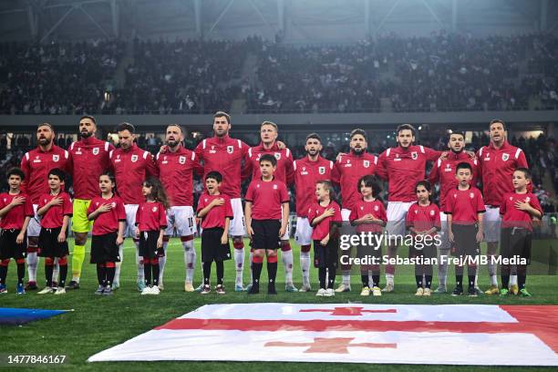 Players of Georgia line up during the match between Georgia and Norway at Batumi Stadiumon March 28, 2023 in Batumi, Georgia.