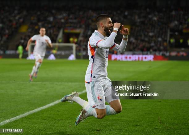 Yannick Carrasco of Belgium celebrates after scoring the team's first goal during an international friendly match between Germany and Peru at...