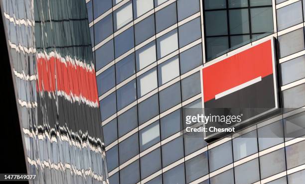 The logo of French bank Societe Generale is seen at the headquarters building on March 29, 2023 in La Defense near Paris, France. Societe Generale,...