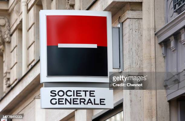 The logo of French bank Societe Generale is seen on the facade of a branch on March 29, 2023 in Paris, France. Societe Generale, BNP Paribas, Exane,...