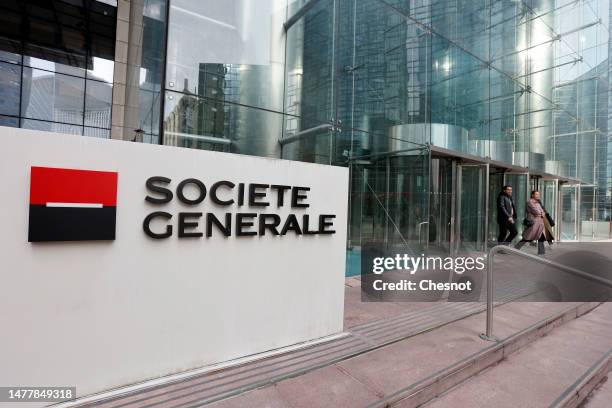 The logo of French bank Societe Generale is seen at the headquarters building on March 29, 2023 in La Defense near Paris, France. Societe Generale,...