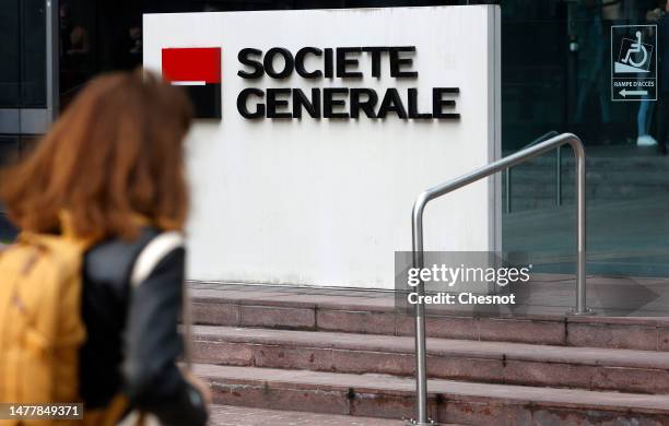 The logo of French bank Societe Generale is seen at the headquarters building on March 29, 2023 in La Defense near Paris, France. Societe Generale,...