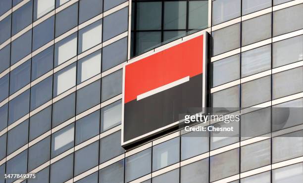 The logo of French bank Societe Generale is seen at the headquarters building on March 29, 2023 in La Defense near Paris, France. Societe Generale,...