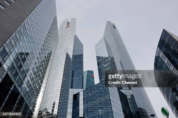 General view shows French bank Societe Generale headquarters buildings on March 29, 2023 in La Defense near Paris, France. Societe Generale, BNP...