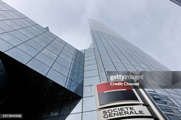 The logo of French bank Societe Generale is seen at the headquarters building on March 29, 2023 in La Defense near Paris, France. Societe Generale,...