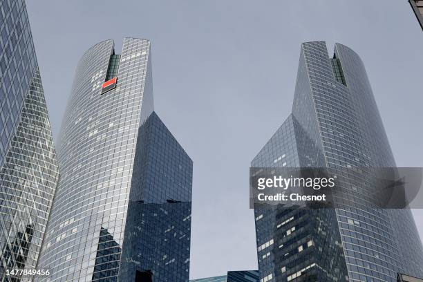 General view shows French bank Societe Generale headquarters buildings on March 29, 2023 in La Defense near Paris, France. Societe Generale, BNP...