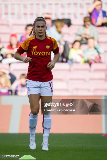 Roma player Emilie Haavi warms up prior the UEFA Women's Champions League quarter-final 2nd leg match between FC Barcelona and AS Roma at Spotify...