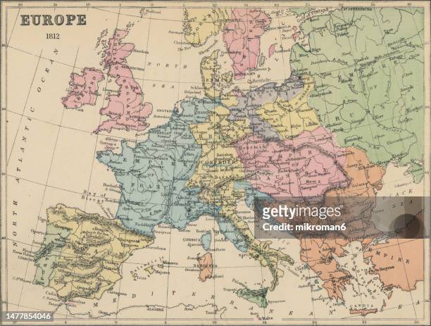 old chromolithograph map of europe in 1812 - country geographic area stock pictures, royalty-free photos & images