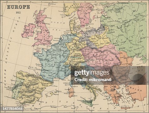 Old chromolithograph map of Europe in 1812 Old chromolithograph map of Europe in 1812