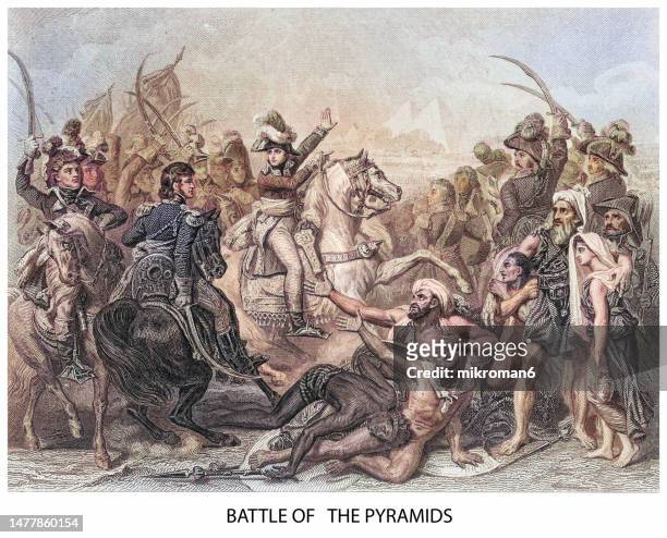 old engraved illustration of napoleon and battle of the pyramids - napoleon joseph charles paul bonaparte stock-fotos und bilder