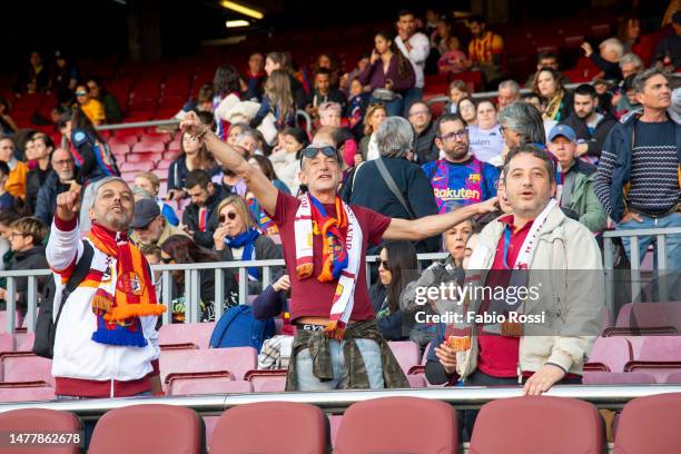 Roma fans during the UEFA Women's Champions League quarter-final 2nd leg match between FC Barcelona and AS Roma at Spotify Camp Nou on March 29, 2023...