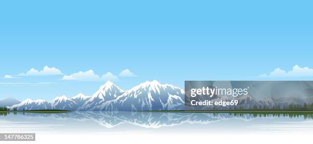 snow topped mountain range by the lake - mountain range stock illustrations