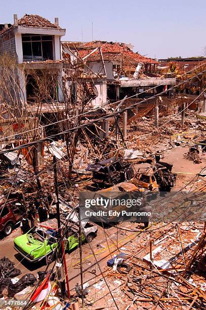 View of the bomb blast site at Legian area on October 16, 2002 in Denpasar, Bali, Indonesia. The blast occurred in the popular tourist area of Kuta...