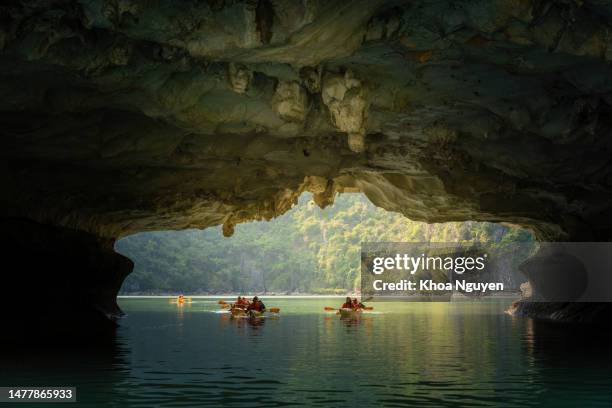 vista del turista che esplora la calma baia tropicale con montagne calcaree in kayak. vita, persone e natura nella baia di ha long, vietnam - baia di ha long foto e immagini stock