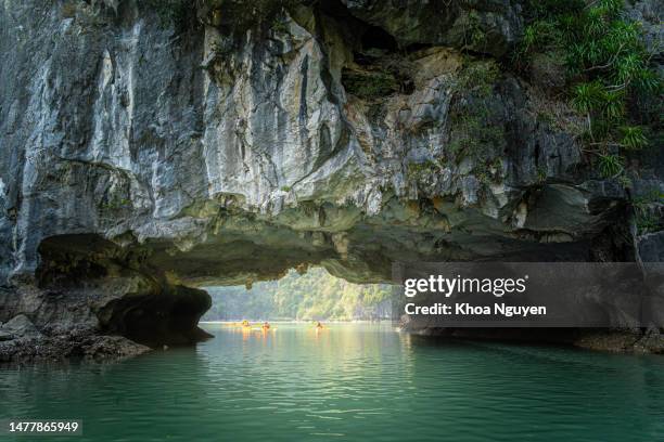 vista del turista explorando la tranquila bahía tropical con montañas de piedra caliza en kayak. vida, gente y naturaleza en la bahía de ha long, vietnam - ha long bay fotografías e imágenes de stock