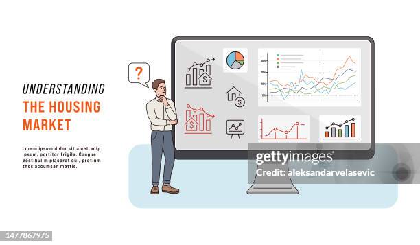 man looking at a computer screen trying to understand the housing market charts - housing infographic stock illustrations