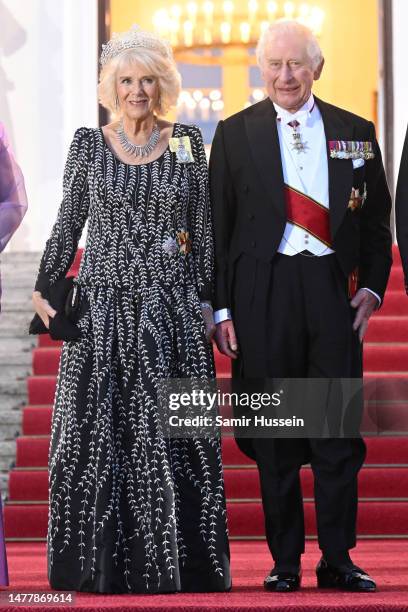 King Charles III and Camilla, Queen Consort attend a State Banquet at Schloss Bellevue, hosted by the President Frank-Walter Steinmeier and his wife...