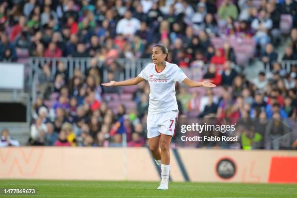 Andressa Alves of AS Roma reacts during the UEFA Women's Champions League quarter-final 2nd leg match between FC Barcelona and AS Roma at Spotify...