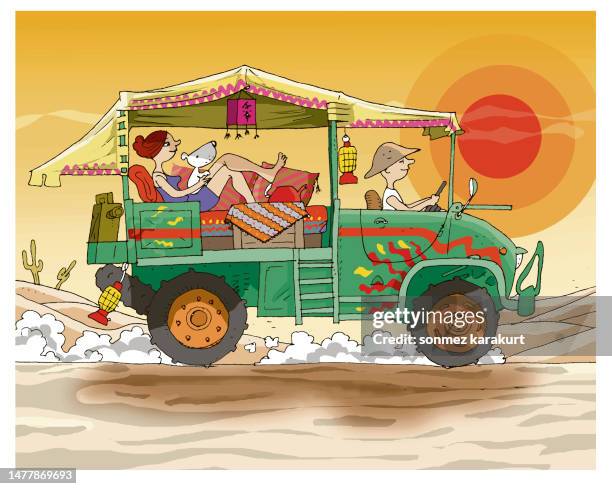 lovers traveling in desert with off-road truck - desert safari stock illustrations