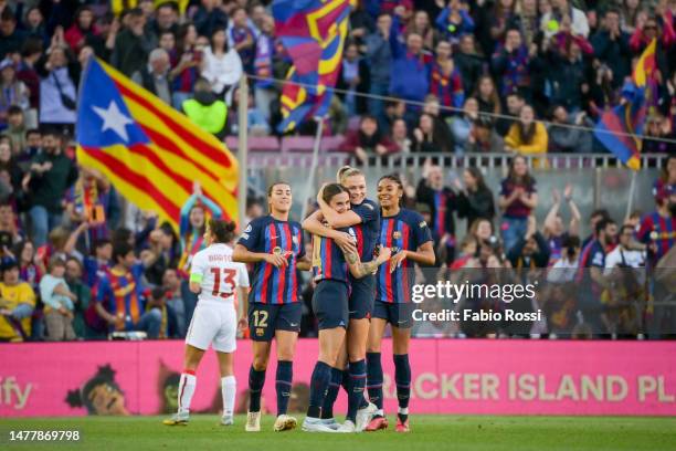 Barcelona players celebrates after scored a goal during the UEFA Women's Champions League quarter-final 2nd leg match between FC Barcelona and AS...