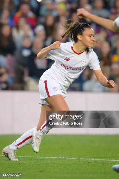 Annamaria Serturini of AS Roma celebrates after scoring the first goal for her team during the UEFA Women's Champions League quarter-final 2nd leg...