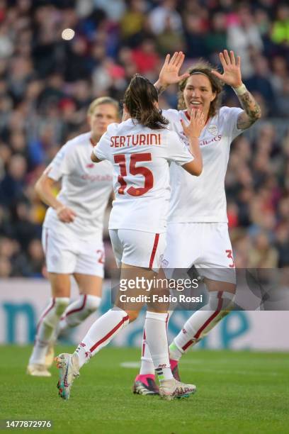 Annamaria Serturini of AS Roma celebrates after scoring the first goal for her team during the UEFA Women's Champions League quarter-final 2nd leg...