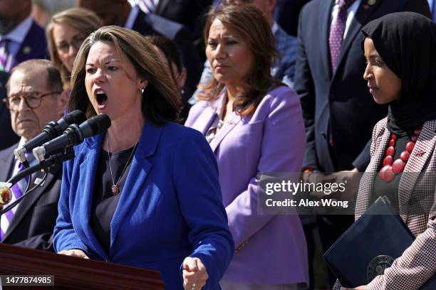 Rep. Angie Craig speaks as House Democrats gather for an event on gun violence at the East Front of the U.S. Capitol on March 29, 2023 in Washington,...