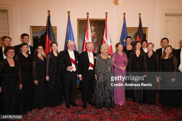 German President Frank-Walter Steinmeier, King Charles III, Camilla, Queen Consort and First Lady Elke Buedenbender pose with guests at a state...