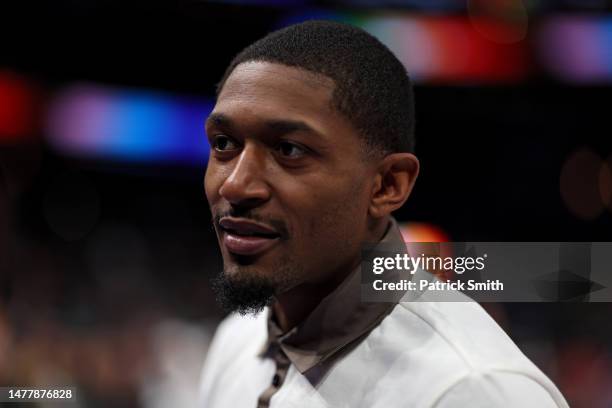 Bradley Beal of the Washington Wizards looks on against the Boston Celtics during the first half at Capital One Arena on March 28, 2023 in...