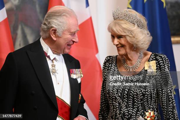King Charles III and Camilla, Queen Consort attend a State Banquet at Schloss Bellevue, hosted by the President Frank-Walter Steinmeier and his wife...